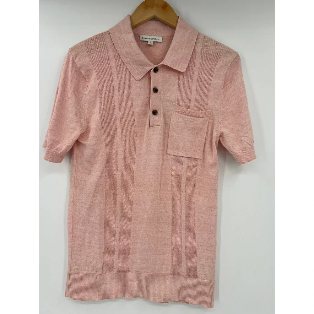 Banana Republic Men Size Small Pink Preppy Retro Linen Cotton Knit Polo